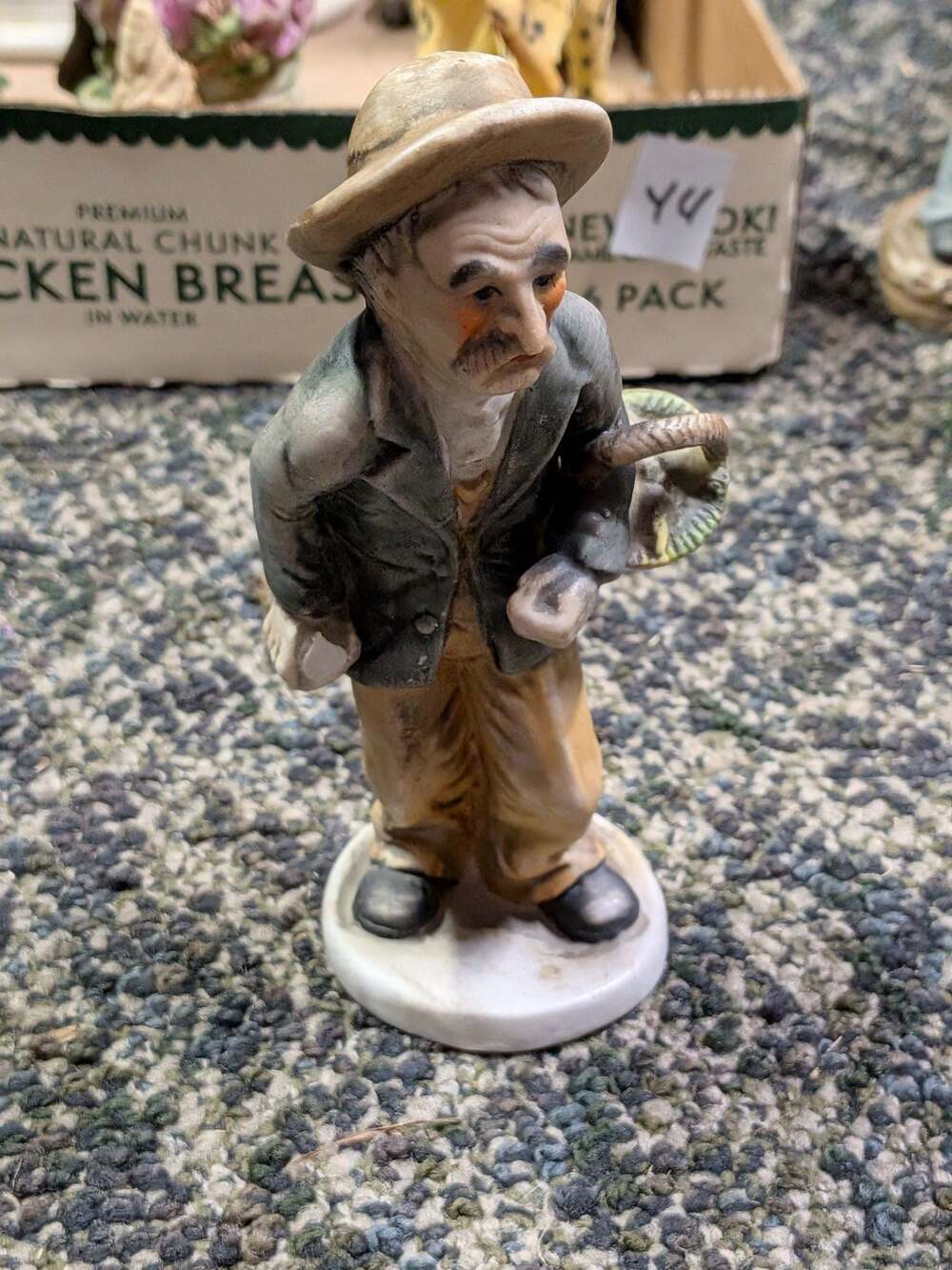 Vintage Porcelain Old Man Figurine Wearing Hat Holding Basket and Walking Stick
